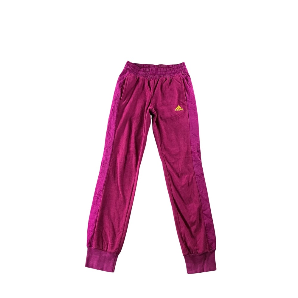 Adidas Womens Fleece Jogger Pants Magenta Purple Yellow Logo Athletic Small